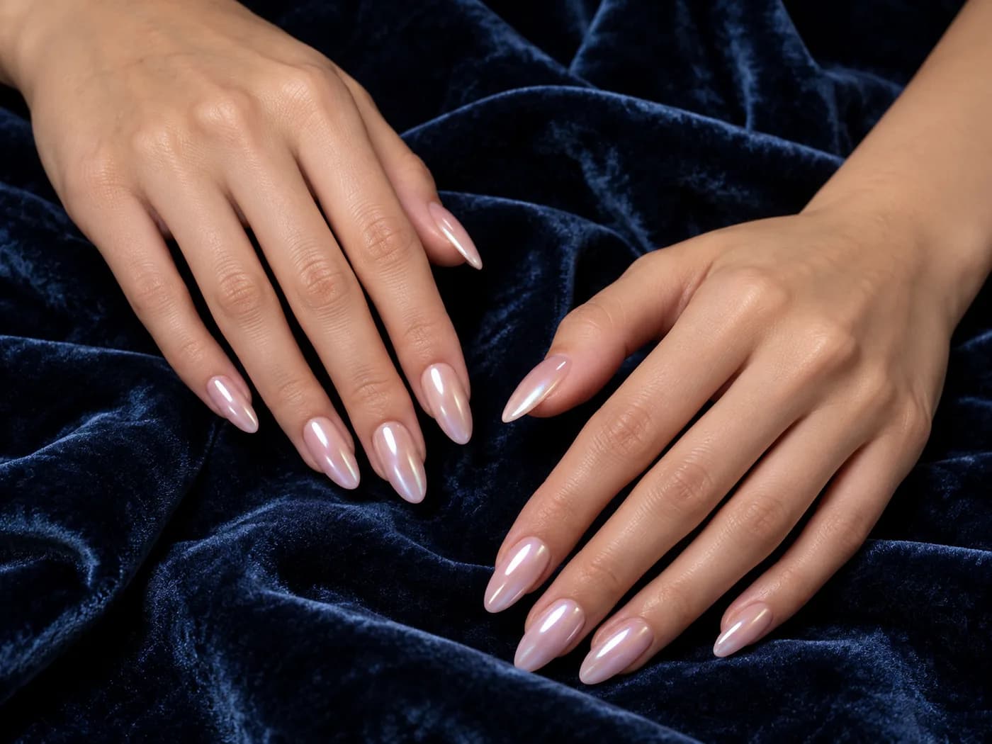 Nude-roze amandelnagels met parelglans